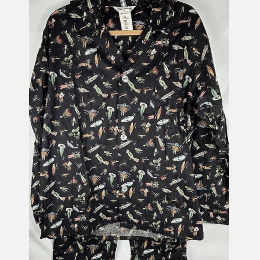 NWT Vtg Charles Goodnight Black Fishing Lure Pajama Set Mens M Cotton 2 Pc USA
